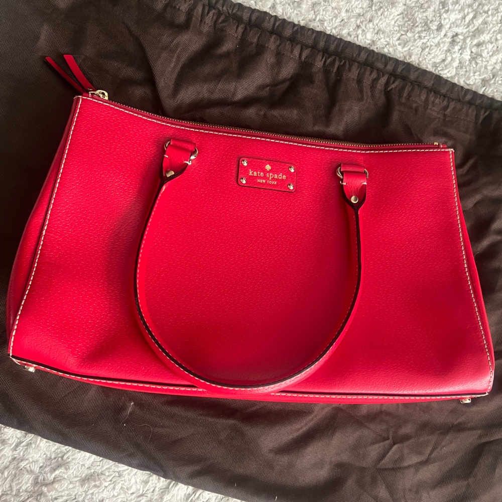 KATE SPADE Large Red Leather Tote Briefcase Shoulder Bag with Three Sections - Picture 7 of 12
